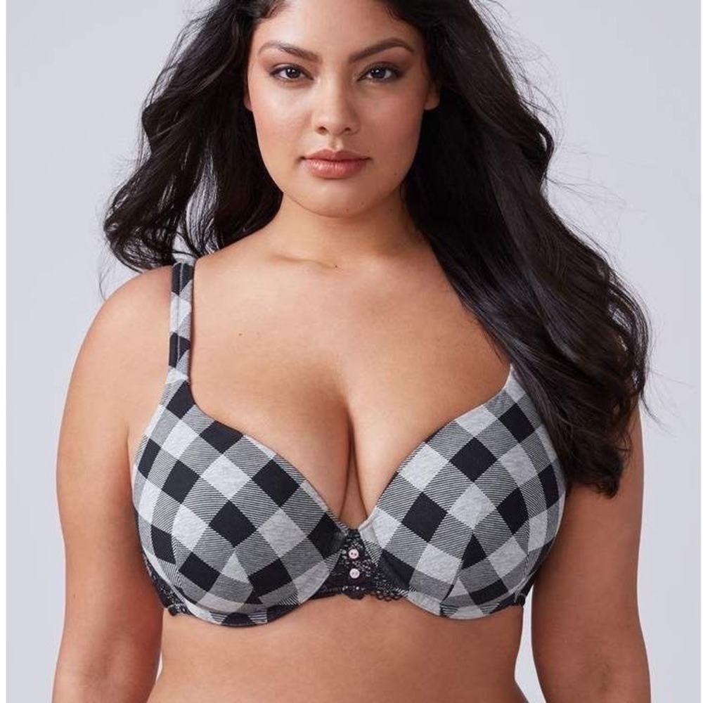Cacique 38C Black Grey Buffalo Plaid T-Shirt Bra Lace Trim 1082926 Dark Academia